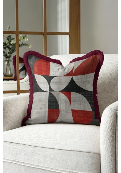 Geometrik Soyut Desen Saçaklı Yastık Kılıfı - Retro Eklektik Gri Siyah Bordo Püsküllü Kırlent Kılıfı Puslu Sahil Ritüel