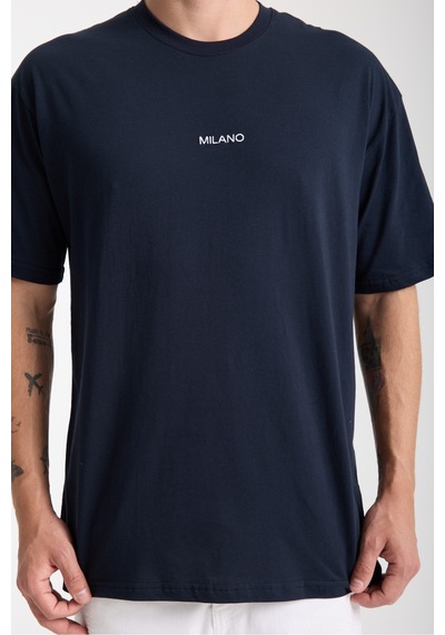 Erkek Milano Nakış Yazılı Oversize Bisiklet Yaka T-shirt Lacivert