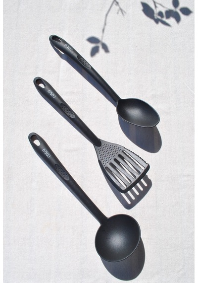 3 Adet Isıya Dayanıklı Yemek Hazırlık Seti Kaşık Kepçe Spatula Pratik Mutfak Servis Seti- Siyah