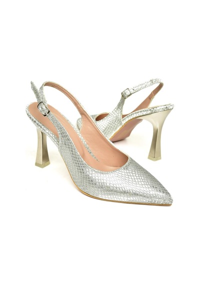 Fox Shoes U676089207 Gümüş Yılan Baskı İnce Topuklu Kadın Ayakkabı Gümüş