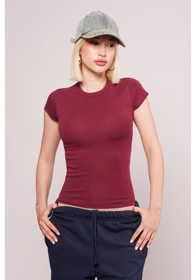 Bordo Bisiklet Yaka Basic Kadın T-shirt Mg2479 Bordo