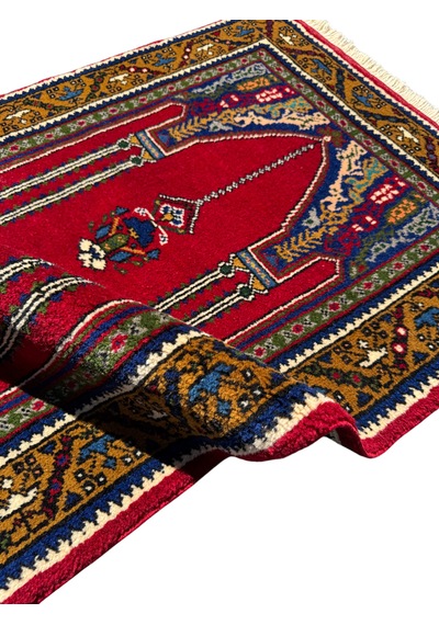 El Dokuma Sıfır Taşpınar Halısı Seccade 74x120 Kırmızı %100 Yün Hatasız Namazlık Kırmızı