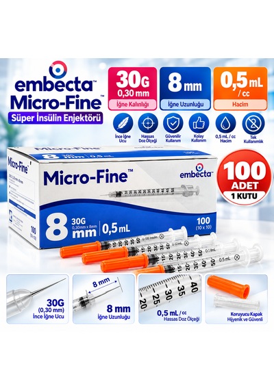 Embecta Micro-fine Süper İnsülin Enjektörü 30g 0,30 Mm X 8 Mm 0,5 Ml 100 Adet 1 Kutu