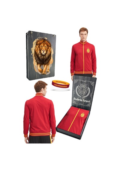 Galatasaray Lisanslı Sarı Kırmızı 5 Yıldızlı Sweat + Silikon Bileklik Set Ahşap Kutulu Kırmızı