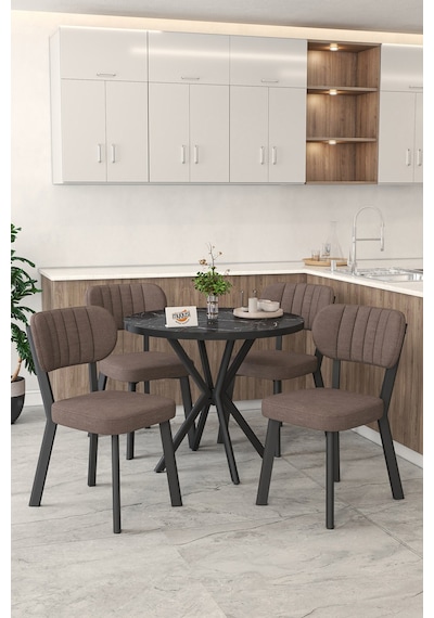 Gnr 90cm Sabit Siyah Mutfak Masası Takımı, Yemek Masası, 4 Modern Kahverengi Sandalye Kahverengi