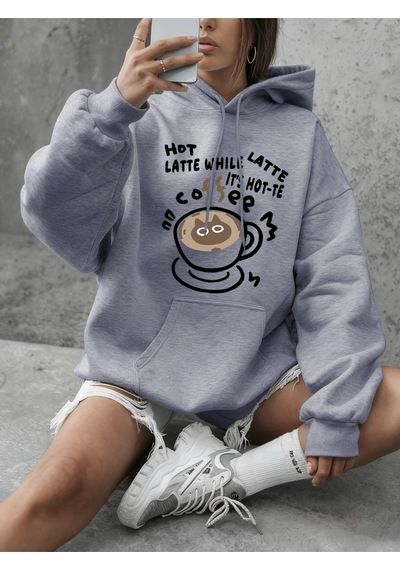 Startmore Startmoresıcak Latte Kedi Baskılı Sweatshirtler Kadınlar İçin Günlük Bol Kapüşonlu Üstler Kışlık Polar Gri