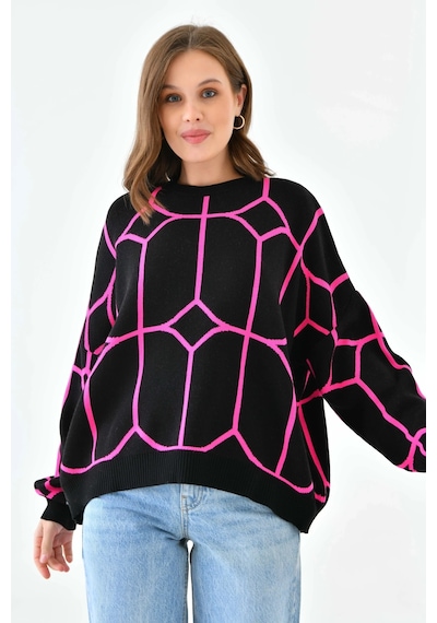 Park Karon Kadın Bisiklet Yaka Desenli Oversize Triko Kazak 224403 Siyah