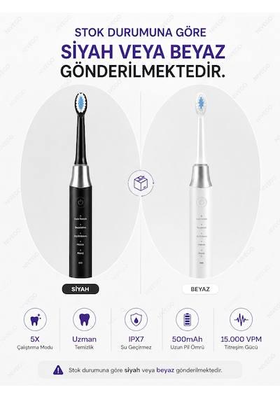 Ahm Elektrikli Diş Fırçası 15000 Vpm 5 Modlu Ipx7 Su Geçirmez Şarjlı Sonic Diş Fırçası 500mah 4 Yedek Başlıklı
