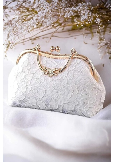 Zeyymoda Fransız Dantel Kalite Ve Şıklık Gelin Çantası Ve Kadın Omuz Çantası Abiye Gold Kasa Çanta Beyaz