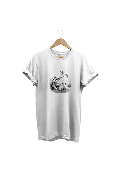 Hunting Avcılık Ördek Avı Baskılı Avcı Ve Av Köpeği Regular Fit Bisiklet Yaka T-shirt Beyaz