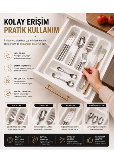 Sas Haus 6 Bölmeli Çekmece İçi Kaşıklık, Plastik Çatal Bıçak Organizeri, Mutfak Düzenleyici Beyaz S-11003