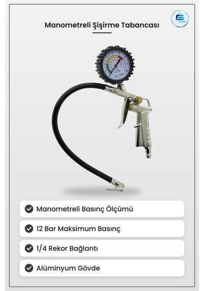 Manometreli Lastik Bakım Ürünü Şişirme Tabancaı 12 Bar Alüminyum