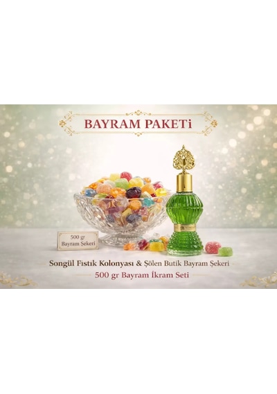 Songül Fıstık Kolonyası Ve 500 Gr Şölen Bayram Şekeri Paketi Karışık Sert Ve Meyve Aromalı Jöle Şeker Bayram Misafir İkram Seti