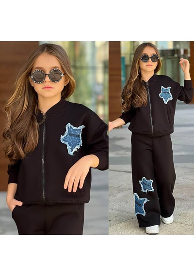 Kız Çocuk Kot Yıldız Detaylı Şardonlu Fermuarlı Sweatshirt Ve Bol Paça Eşofman Takımı 43183 S- Siyah Kız Çocuk Kot Yıldız Detaylı Şardonlu Fermuarlı Sweatshirt Ve Bol Paça Eşofman Takımı 43183 S- Siyah