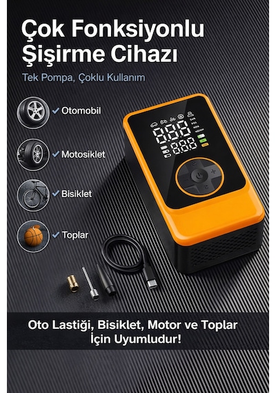 80w Şarjlı Mini Hava Kompresörü Dijital Lastik Şişirme & Basınç Ölçer Led Işıklı