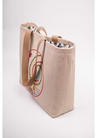 Fabric Craft Bag Omuz Çantası Duck Kumaş Patchwork Sashiko El İşlemeli Günlük Çanta 44x34 Cm Sütlü Kahve