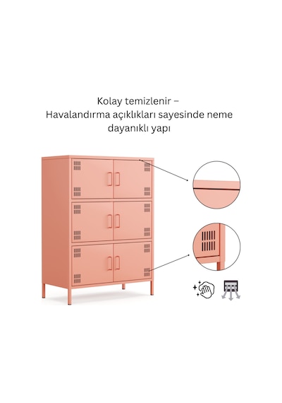Pera Metal Çok Gözlü Dolap, 6 Kapaklı 80,50 X 40 X 109,50 Cm Pembe
