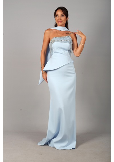 By Saygı Kadın Asimetrik Straplez Yaka Astarlı Önü Taşlı Peplum Detaylı Krep Uzun Elbise Bebe Mavi By Saygı Kadın Asimetrik Straplez Yaka Astarlı Önü Taşlı Peplum Detaylı Krep Uzun Elbise Bebe Mavi