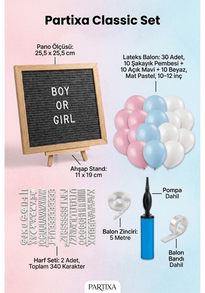 Gender Reveal Cinsiyet Partisi Süsleme Classic Set Kız Mı Erkek Mi Koyu Gri Keçe Yazı Panosu Standlı Pompa Balon Zincirli 3+