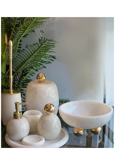 Dekoratif Doğal Beyaz Oval Mermer 8 Parça Gold Disko Banyo Seti