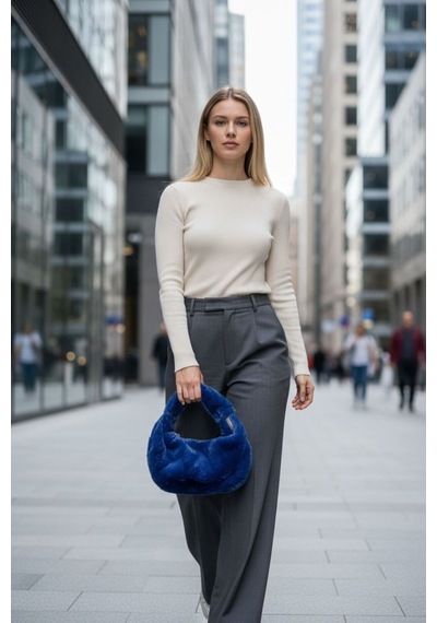 Plush Studıo Istanbul Puff Pouch Mini Kol Çantası, Tavşan Tüyü Peluş Çanta Lacivert Lacivert