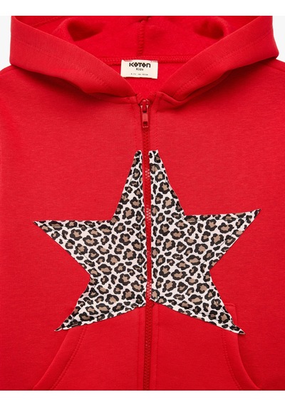 Koton Leopar Desenli Yıldızlı Uzun Kollu Şardonlu Fermuarlı Kapşonlu Sweatshirt Kırmızı 7wkg10050ak