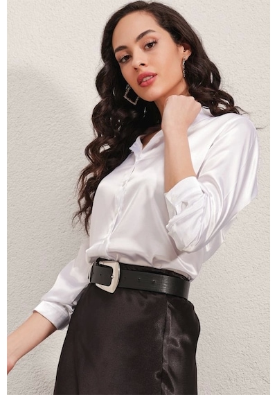 Defymoda 3964 Hafif Dökümlü Saten Gömlek - Beyaz Beyaz