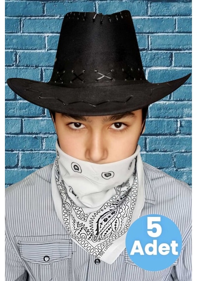 Uniquetrenders Çocuk Unisex Bandanalı 5'li Nubuk Kovboy Şapkası 8-14 Yaş Siyah 1