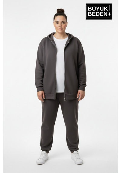 Süperlife Kadın Büyük Beden Fermuarlı Kapüşonlu İnce Sweatshirt Hırka - Rahat Kalıp Spr26bhr960 Füme Süperlife Kadın Büyük Beden Fermuarlı Kapüşonlu İnce Sweatshirt Hırka - Rahat Kalıp Spr26bhr960 Füme