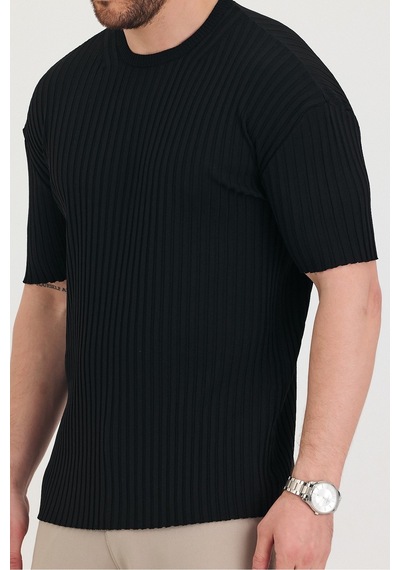 Tarz Cool Erkek Bisiklet Yaka Fitilli Kısa Kollu Ince Triko T-shirt Siyah