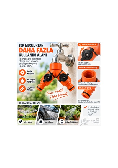 Otomatik Vanalı 2 Yönlü Hortum Dağıtıcı 3/4 Musluk Girişi 1/2 Çıkışlı Bahçe Sulama Aç Kapat