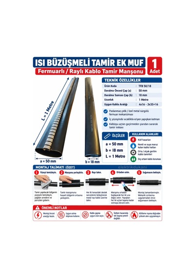 Tamflex 50mm/18mm 1mt Fermuarlı Yer Altı Kablo İçin Isı Büzüşmeli Tamir Ek Muf Borusu 4x16 - 3x35+16