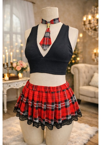 Ang Butik Kadın Cesur Ekoseli Siyah Dantelli Mini Etek, Tanga Ve Bluz Takım