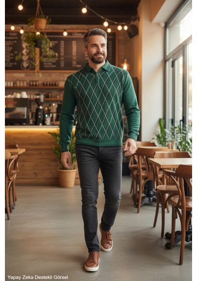 Kamalı Erkek Nefti Tüylenme Yapmayan Anti Pilling Kumaş Standart Fit Normal Kesim Polo Yaka Triko Kazak