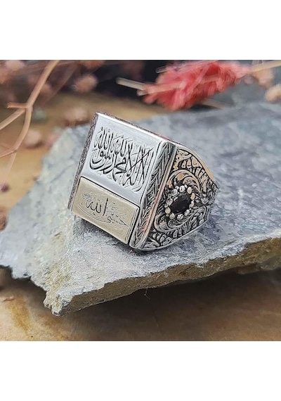 925 Ayar Gümüş Kelime-i Tevhid Ve Hasbiyallah Yazılı Kalem İşlemeli Erkek Yüzük Gümüş