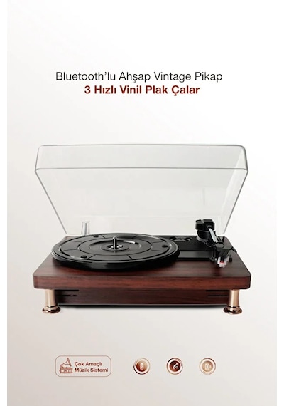 Taşınabilir Şarjlı Retro Pikap - Bluetooth, Aux Girişli, Dahili Hoparlörlü Ahşap Plak Çalar + Yedek İğne 1 Adet