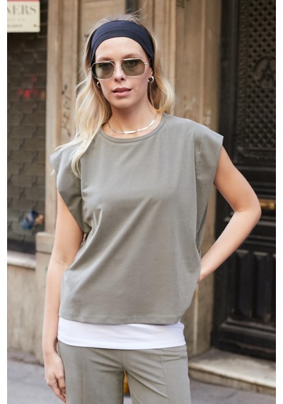 Jument Kadın Modal İpeksi Likralı Kumaş Geniş Sıfır Yaka Düşük Omuzlu T-shirt Bluz-haki Haki Jument Kadın Modal İpeksi Likralı Kumaş Geniş Sıfır Yaka Düşük Omuzlu T-shirt Bluz-haki Haki