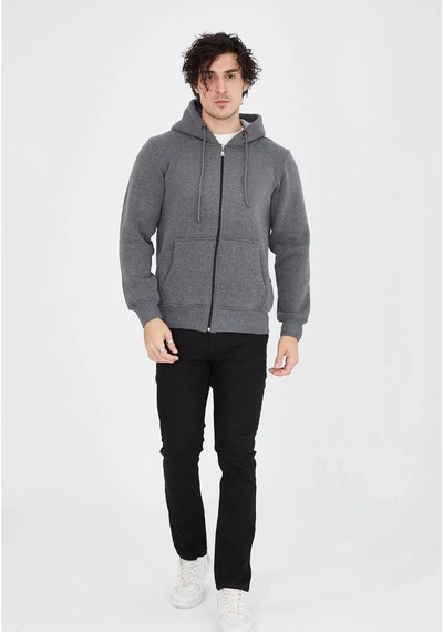 Luz&pos Erkek Tam Fermuarlı Kapşonlu Sweatshirt - Füme Füme