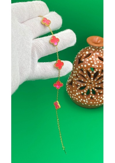 Gold Renk Yonca Desenli Çelik 316l Bileklik Altın - Pembe