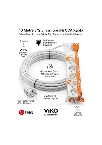Viko Grup Priz 5'li, 10 Metre Uzatma Kablosu, 3x2,5 Kalın Cca Kablo - Premium Kalite, Çocuk Korumalı, Terminal Ve Klemens Bağlantılı 10 M