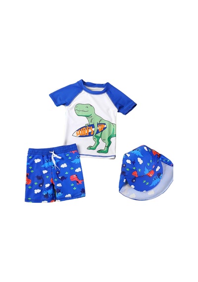 Petityu Upf50+ Mavi Beyaz Surf's Up Surfer Dino Dinazor 3'lu Set Mayo Beyaz - Mavi
