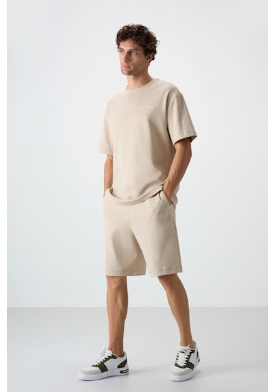 Tommy Life Bej Pamuklu Kalın Yumuşak Dokulu Oversize Fit Nakışlı Erkek Şort Takım - 85250