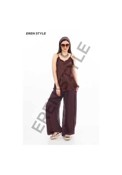 Bohem Stil Italyan Korse Belli Astarlı İpek Pantolon -9655 Mürdüm