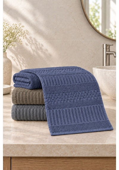 Çizgi Dokulu El Yüz Havlusu 50x90 Cm 3 Lü Set - Midnight Stone Çok Renkli
