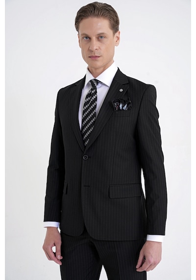 Efor Slim Fit Mono Yaka Esnek Yünlü Siyah Çizgili Takım Elbise Tk 942