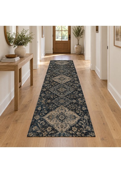 Kartela Halı Gece Mirası Lacivert Krem Koridor Mutfak Yolluk Halısı Kaymaz Taban 60x180 Cm