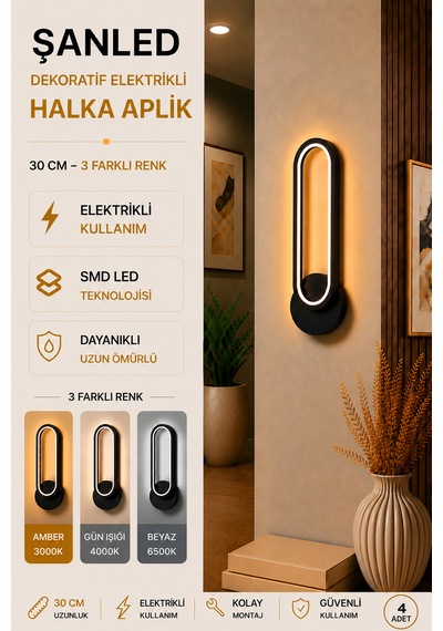 Dekoratif 20w Halka Modeli İç Mekan Siyah Kasa 3 Renkli Işık Elektrikli 30 Cm Duvar Aplik 4 Adet