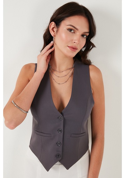 Lela Fitted Fit Düğmeli V Yaka Düğmeli Bayan Yelek 6696796 Füme