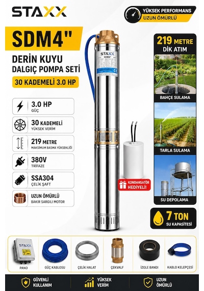 Staxx Sdm4380 Derin Kuyu Dalgıç Pompa Dalgıç Seti Trifaze 380v Tak Çalıştır 219 Mt Dik Basar