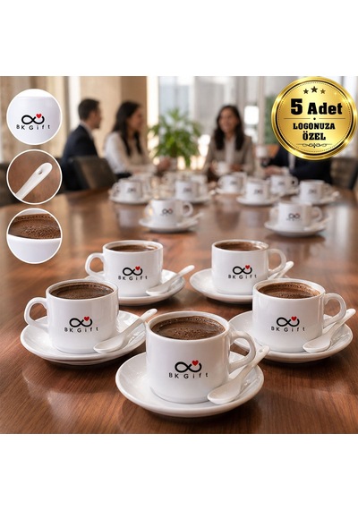 Logonuza Özel 5 Adet Porselen İkili Kaşıklı Fincan Seti - 140 Ml Kurumsal Kahve Seti Beyaz